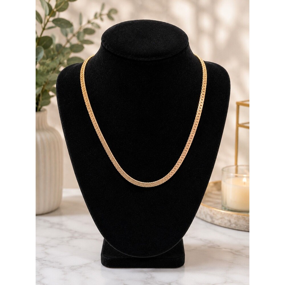 Vintage Gold Tone Herringbone Chain Necklace, Classic Flat Snake Chain, 8 Inch